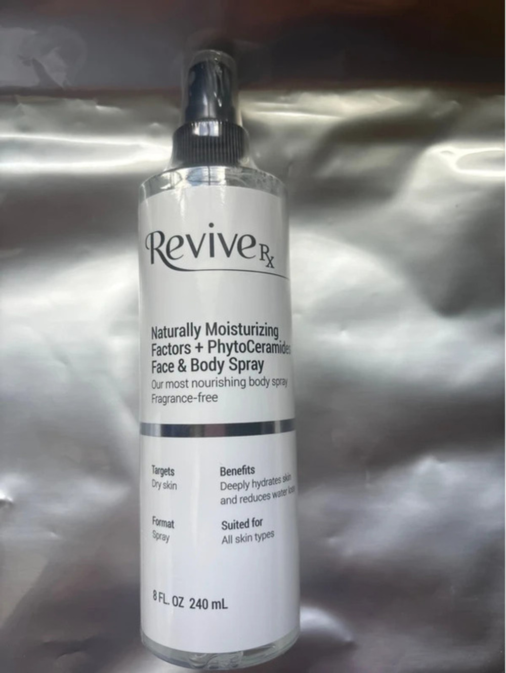 Revive RX naturally moisturizing, face and body spray. Fragrance free.
